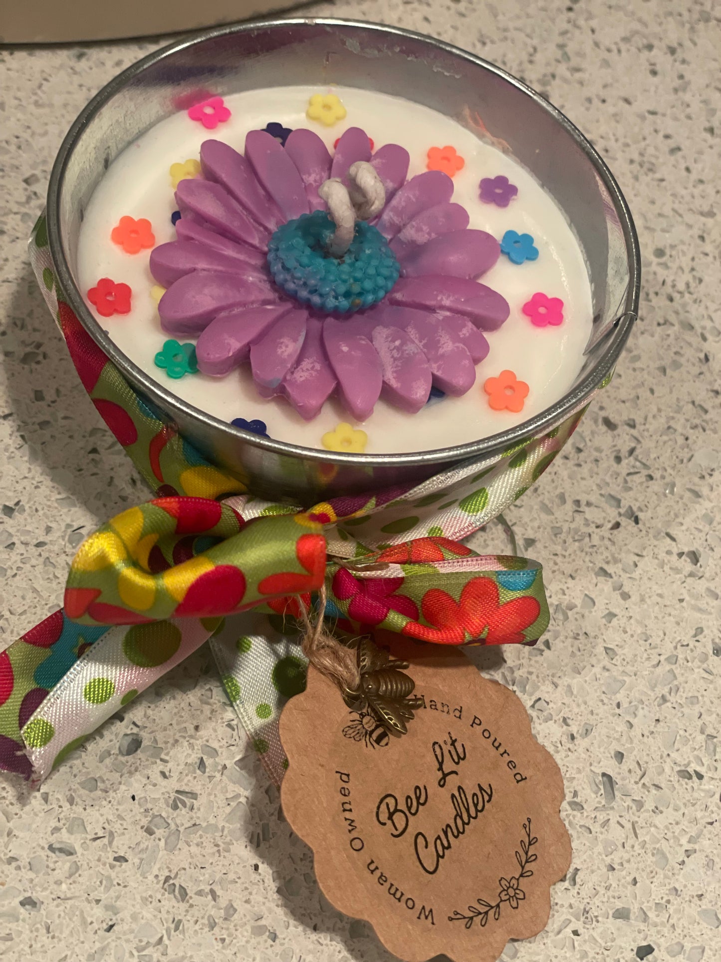 Hippie Chic Galvanized Pail Candle (Purple Flower)