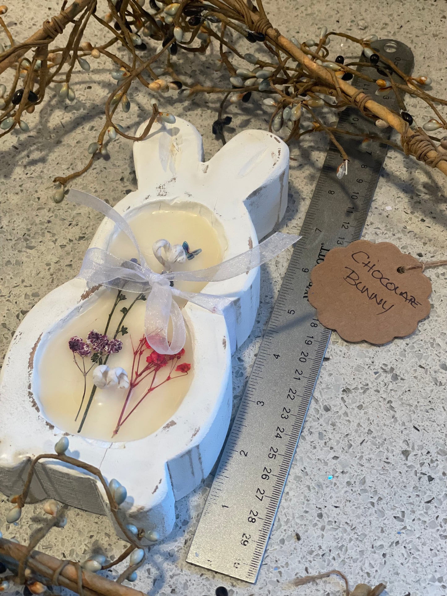 Chocolate Bunny Small Bunny Candle 7.5” (White Wood Bowl)
