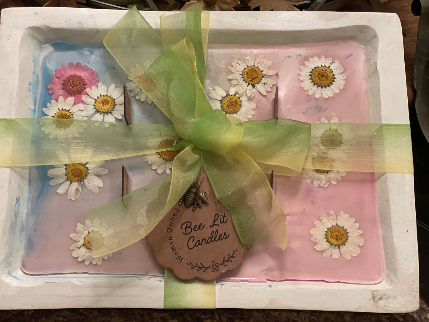 Hippie Chic White Rectangle African Wood Bowl Candle (mainly white flowers one pink flower)