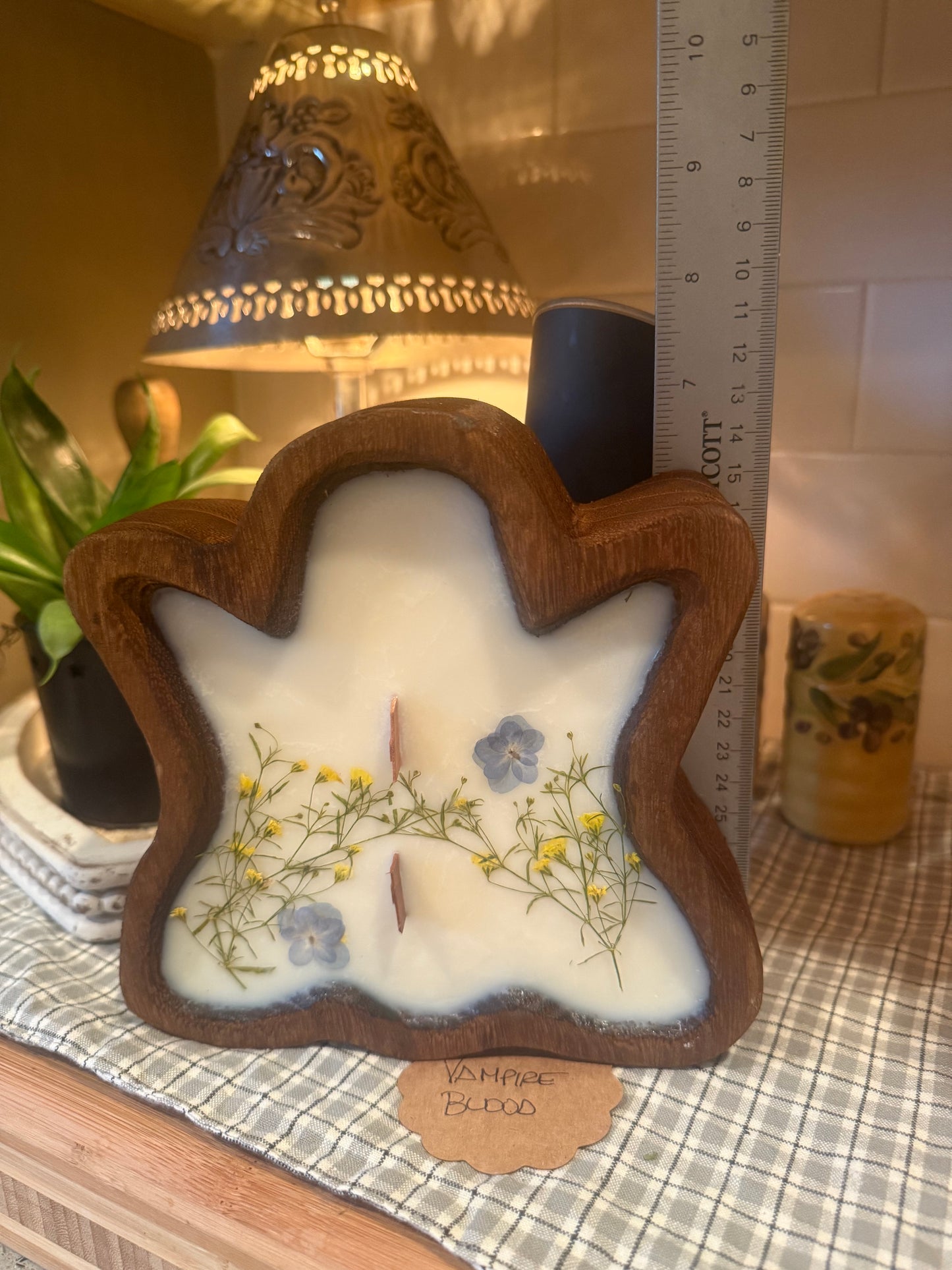 Vampire Blood Ghost Wood Bowl Candle (Blue and yellow florals)