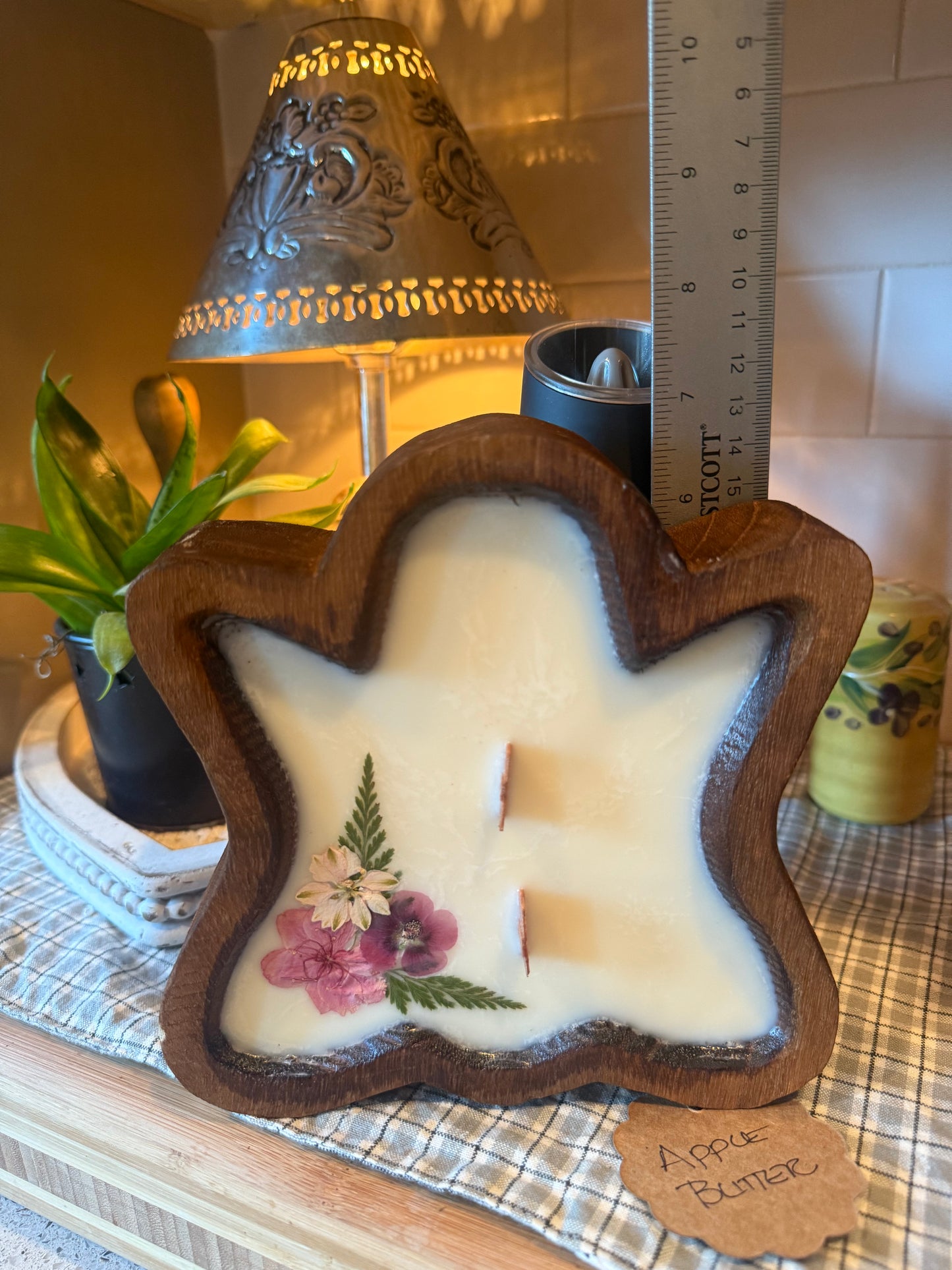 Apple Butter Ghost Wood Bowl Candle (pink and purple flowers with greenery)
