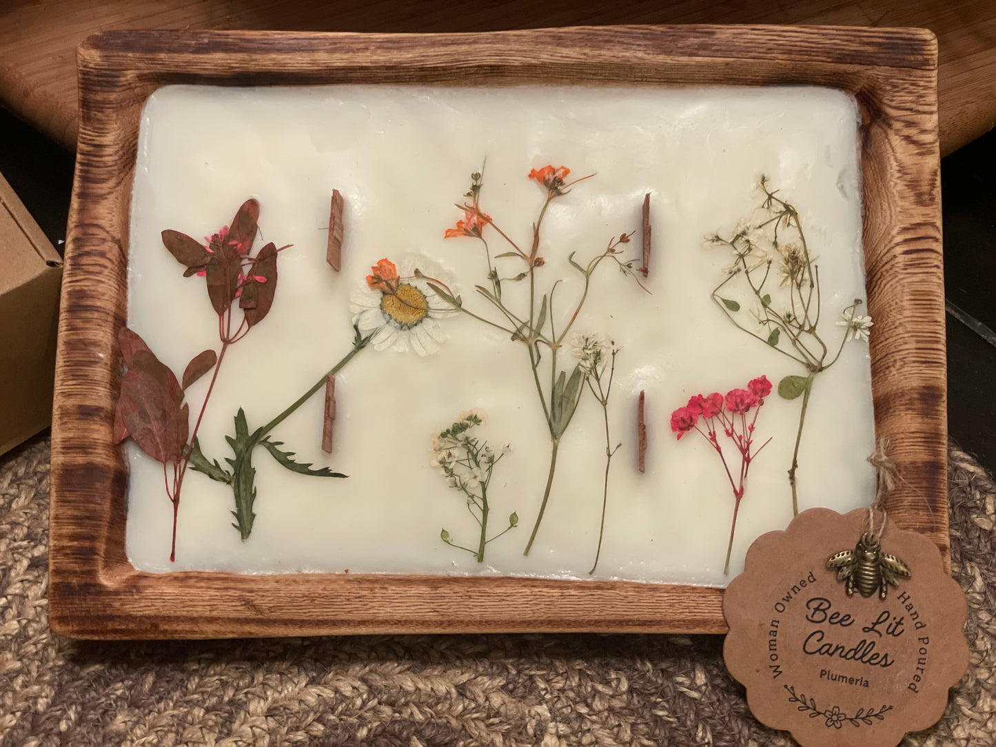 Plumeria Rectangle African Wood Bowl Candle (one pink flower among other flowers)