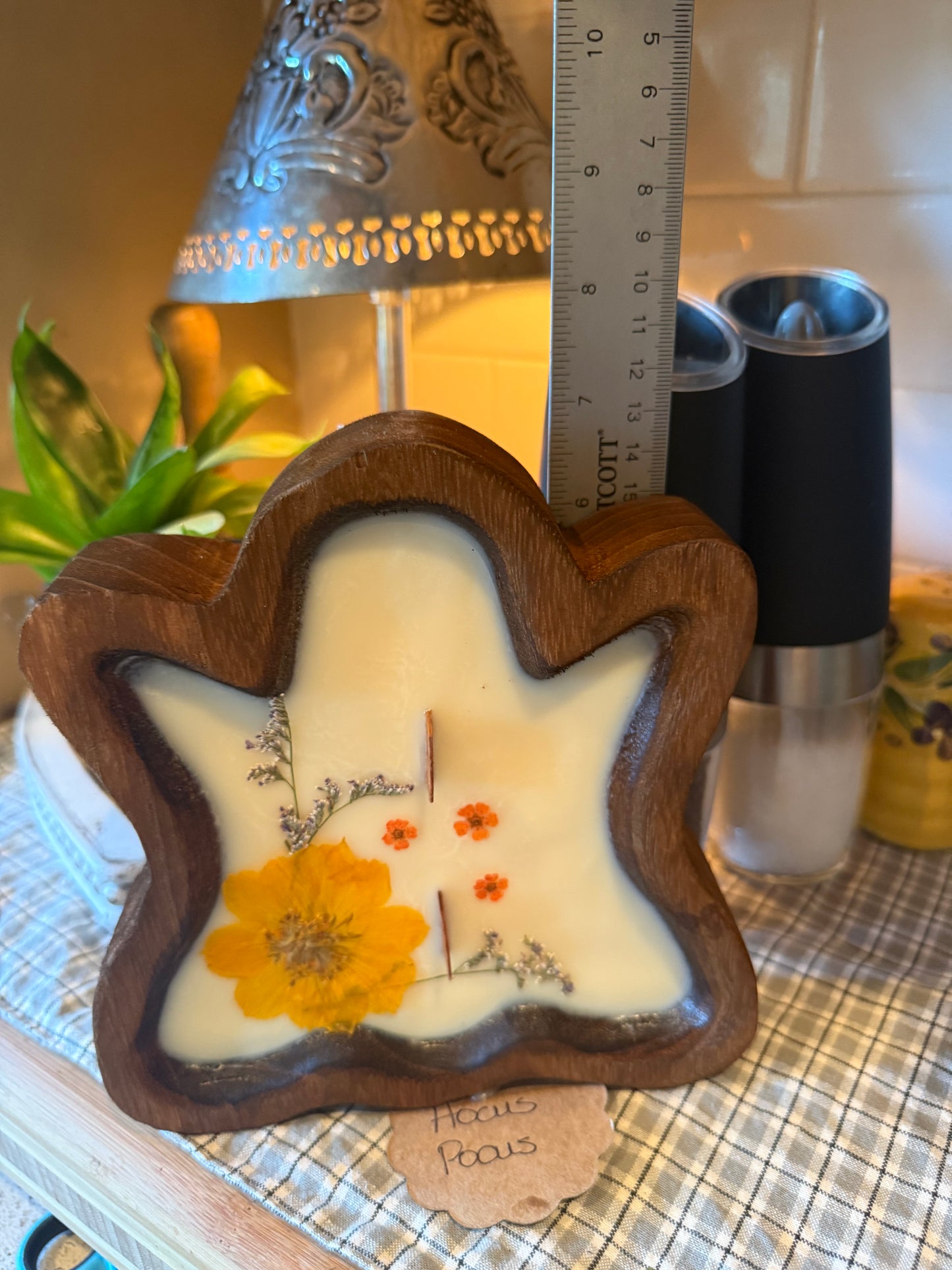 25-1035 Hocus Pocus Ghost Wood Bowl Candle (big yellow flower with small orange and purple flowers)