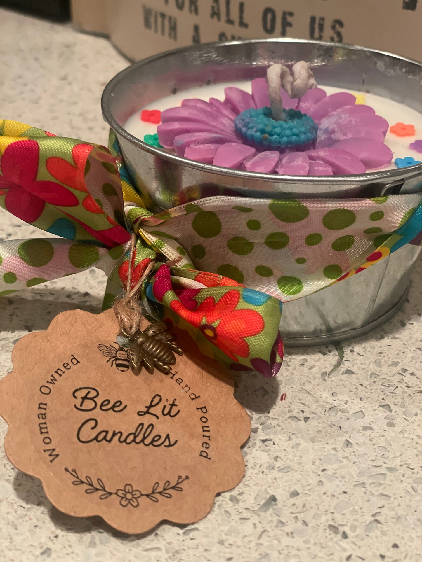 Hippie Chic Galvanized Pail Candle (Purple Flower)