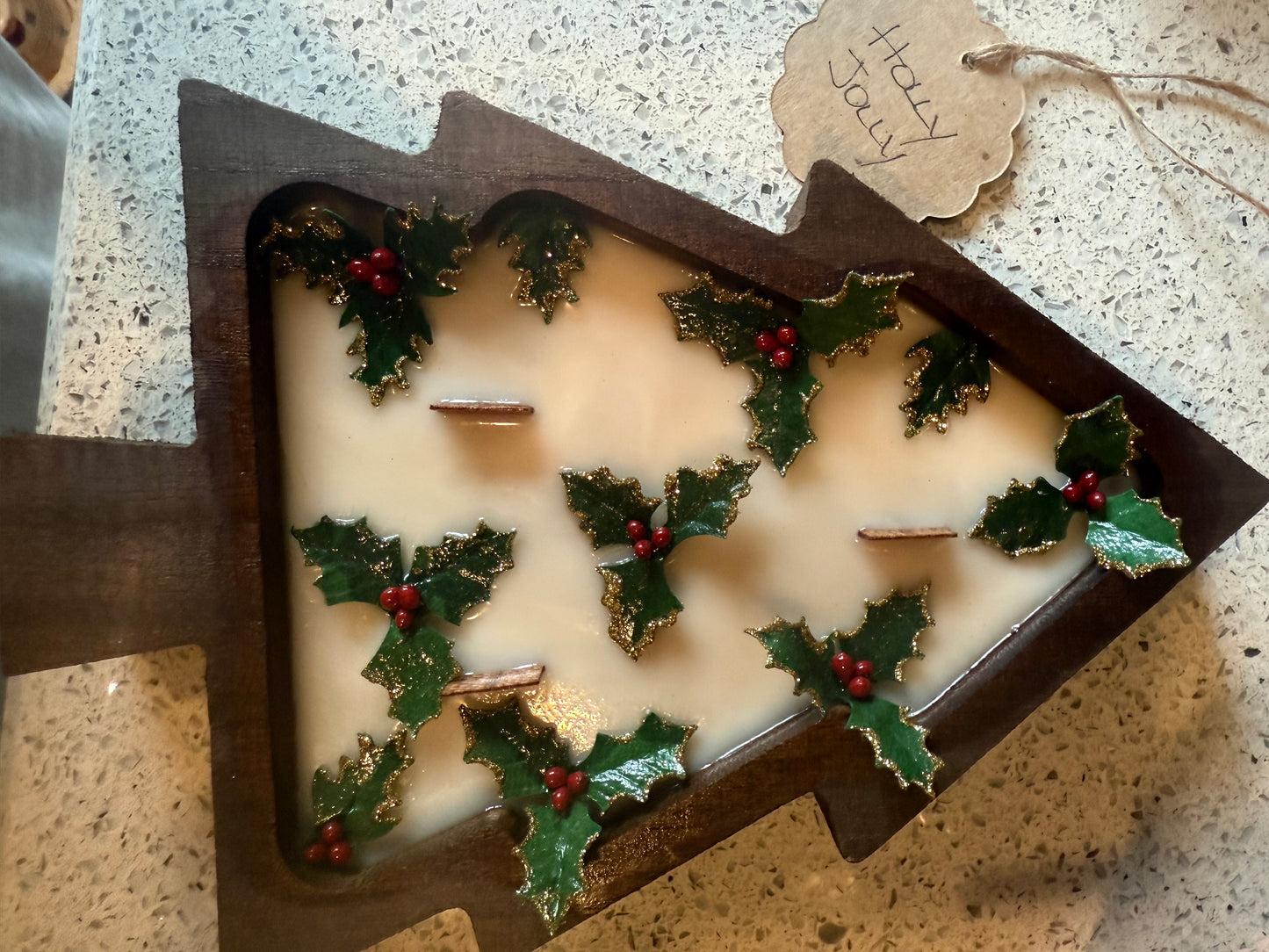 Holly Jolly Tree Wood Bowl Candle