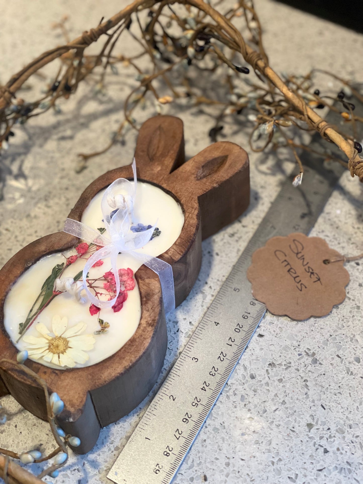 Sunset Citrus Small Bunny Candle 7.5” (Brown Wood Bowl, Large Daisy)