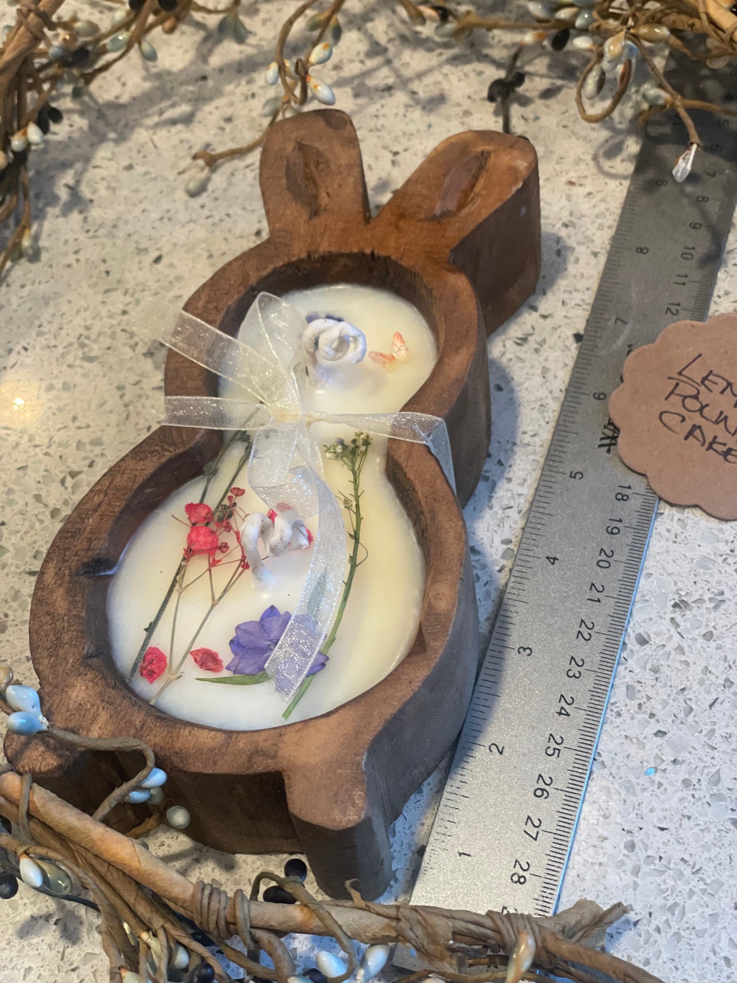 Lemon Pound Cake Small Wooden Bunny Candle 7.5” (Dried Flowers, Brown Wood Bowl)