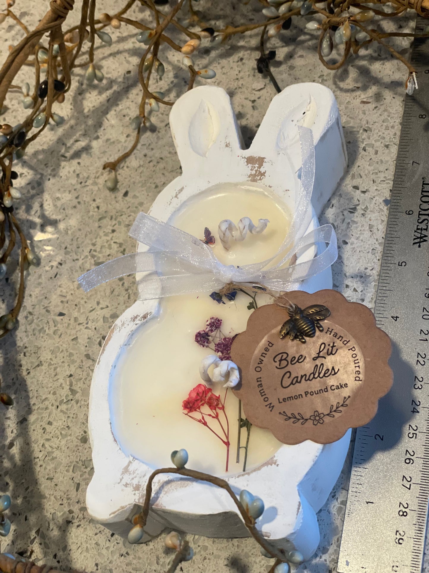 Lemon Pound Cake Small Bunny Candle 7.5” (White Wood Bowl, Stemmed Flowers)