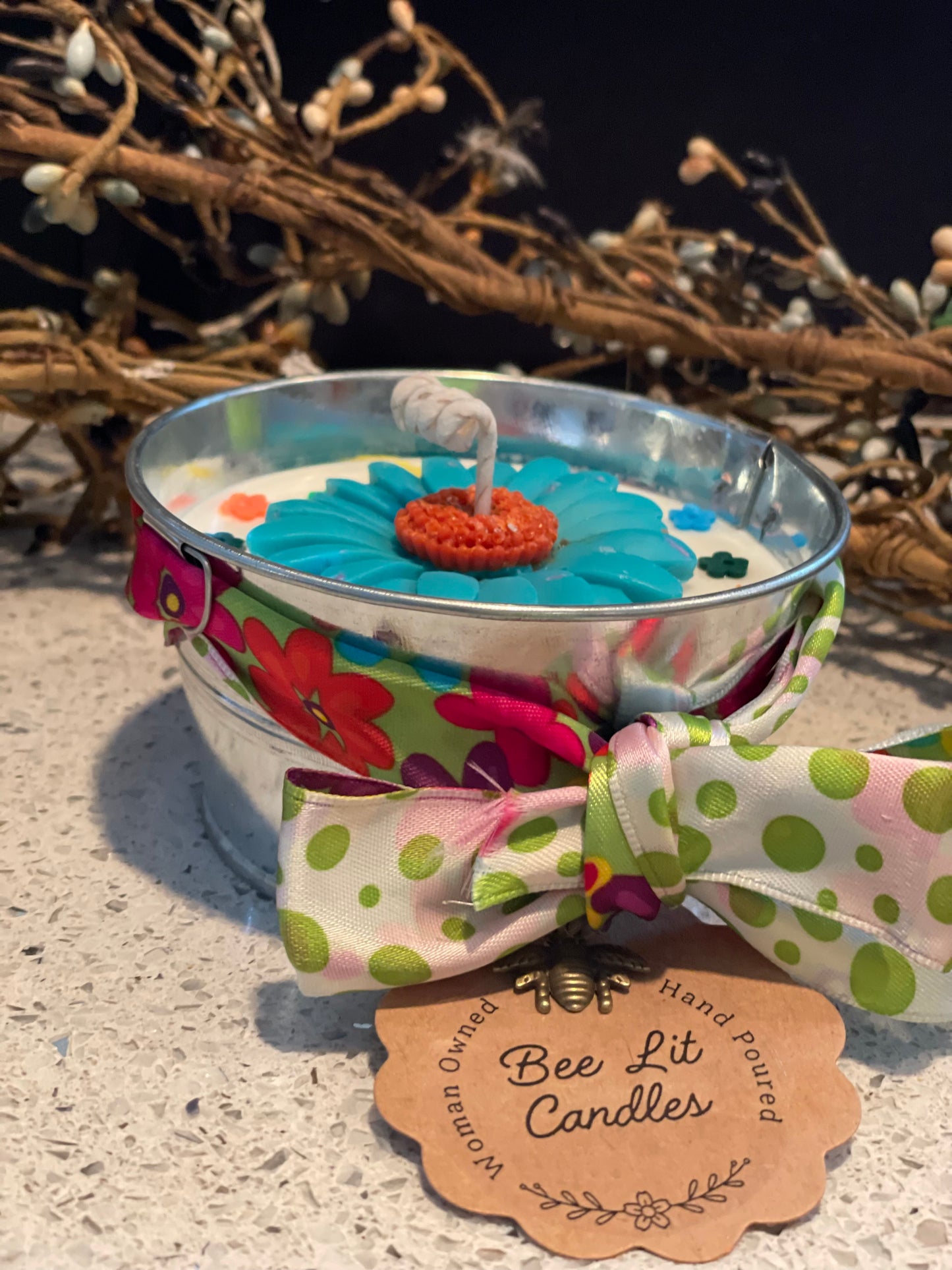 Hippie Chic Galvanized Pail Candle (Blue Flower)