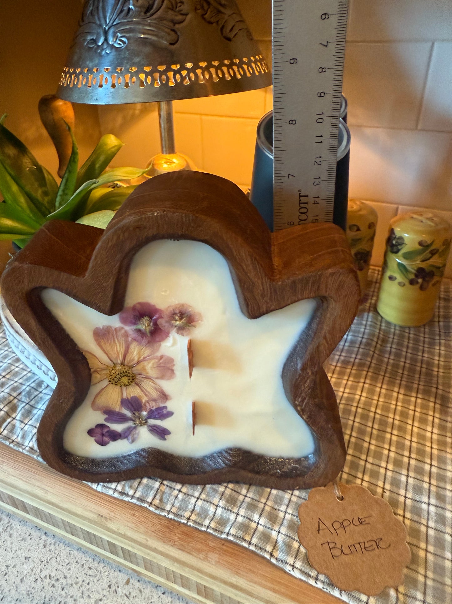 Apple Butter Ghost Wood Bowl Candle (purple flowers)