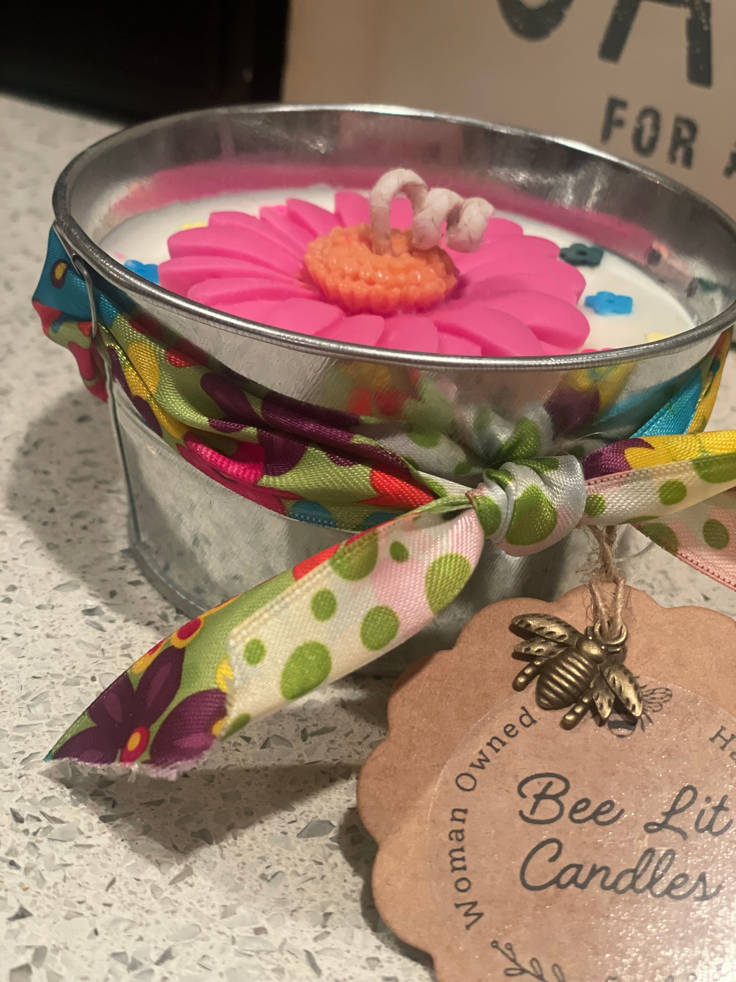 Hippie Chic Galvanized Pail Candle (Pink Flower)