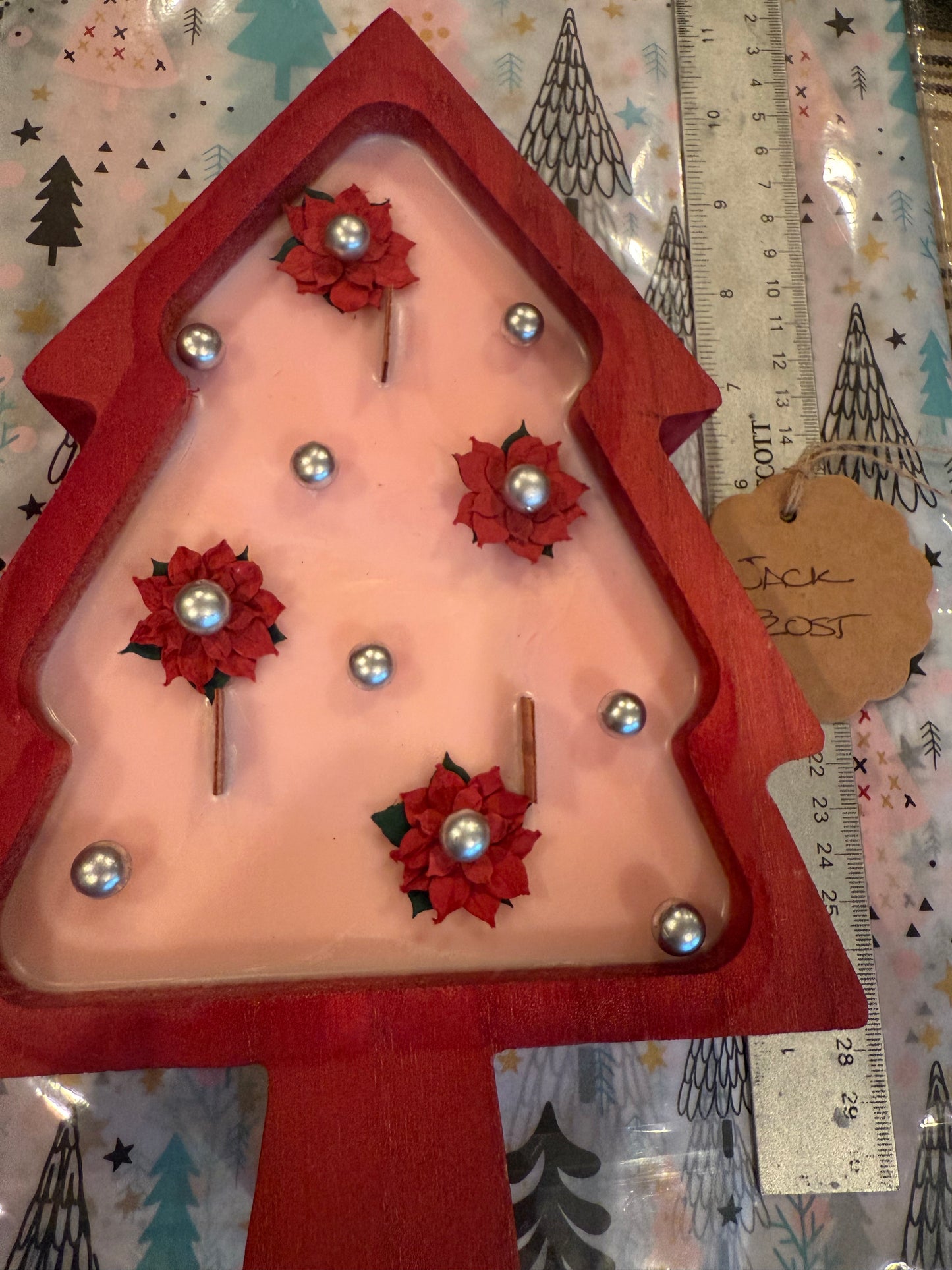 Jack Frost Red Christmas Tree Wood Bowl Candle