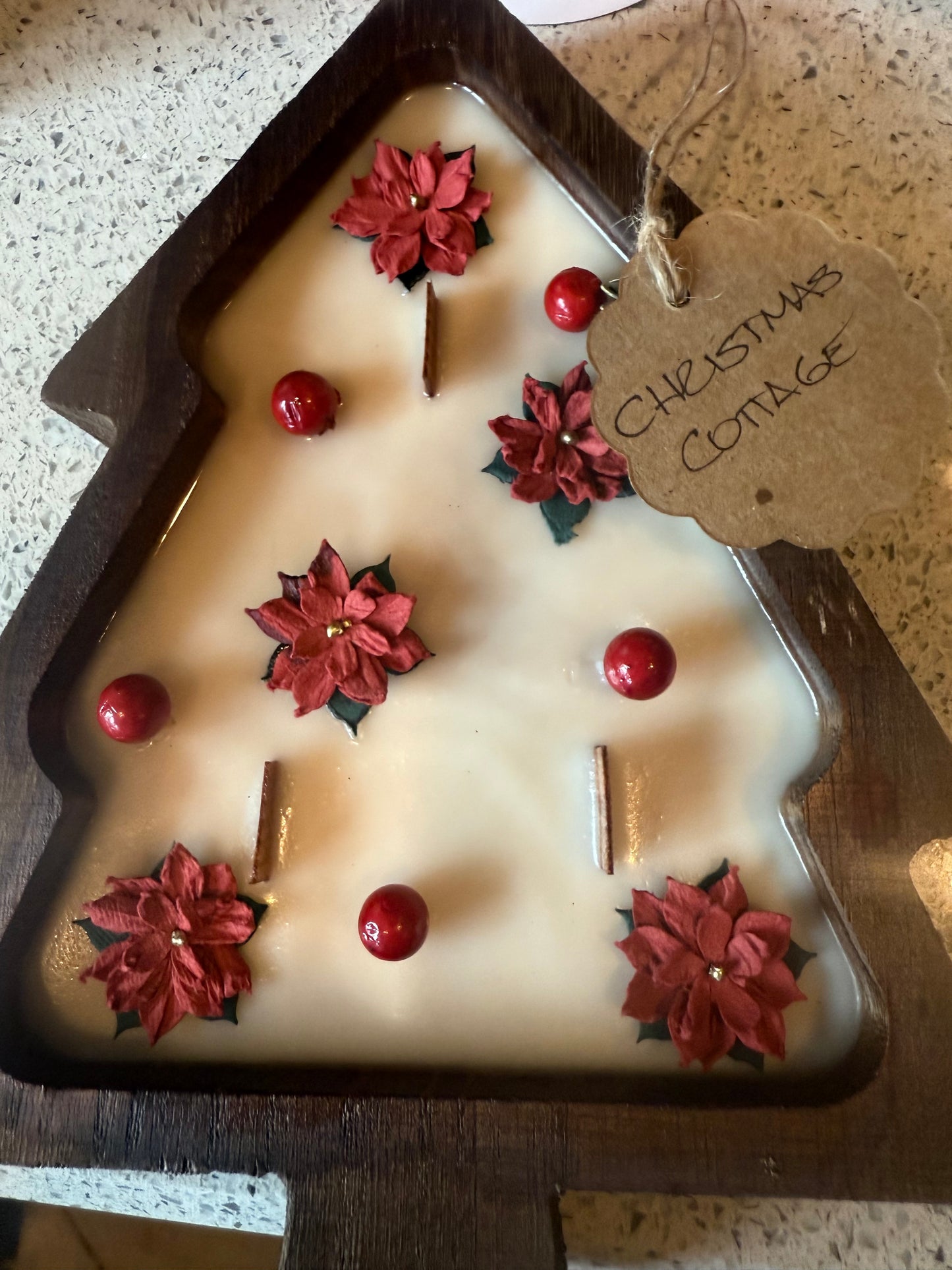 Christmas Cottage Tree Wood Bowl Candle
