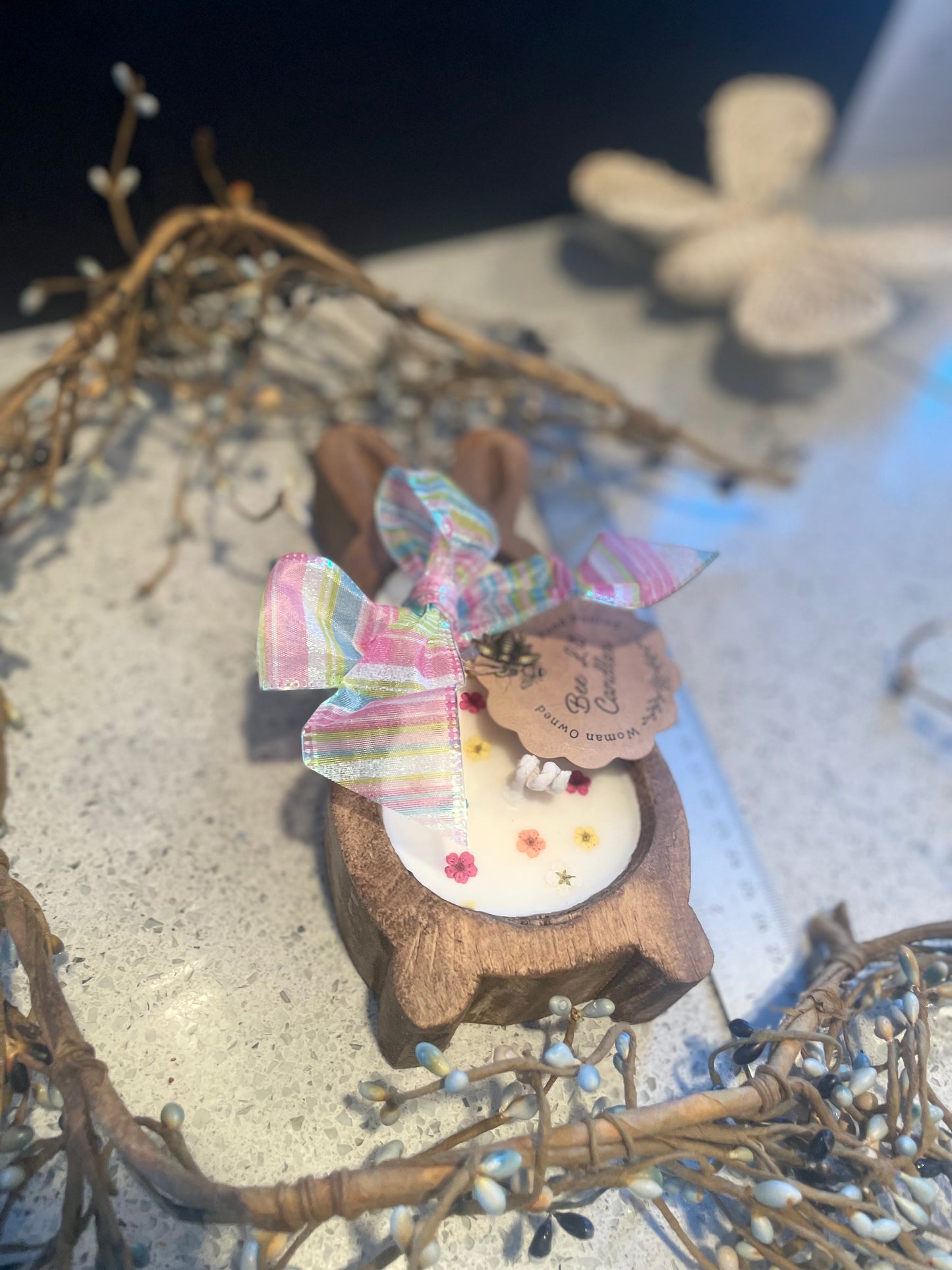 Jelly Bean Small Bunny Candle 7.5” (Tiny Dried Flowers)