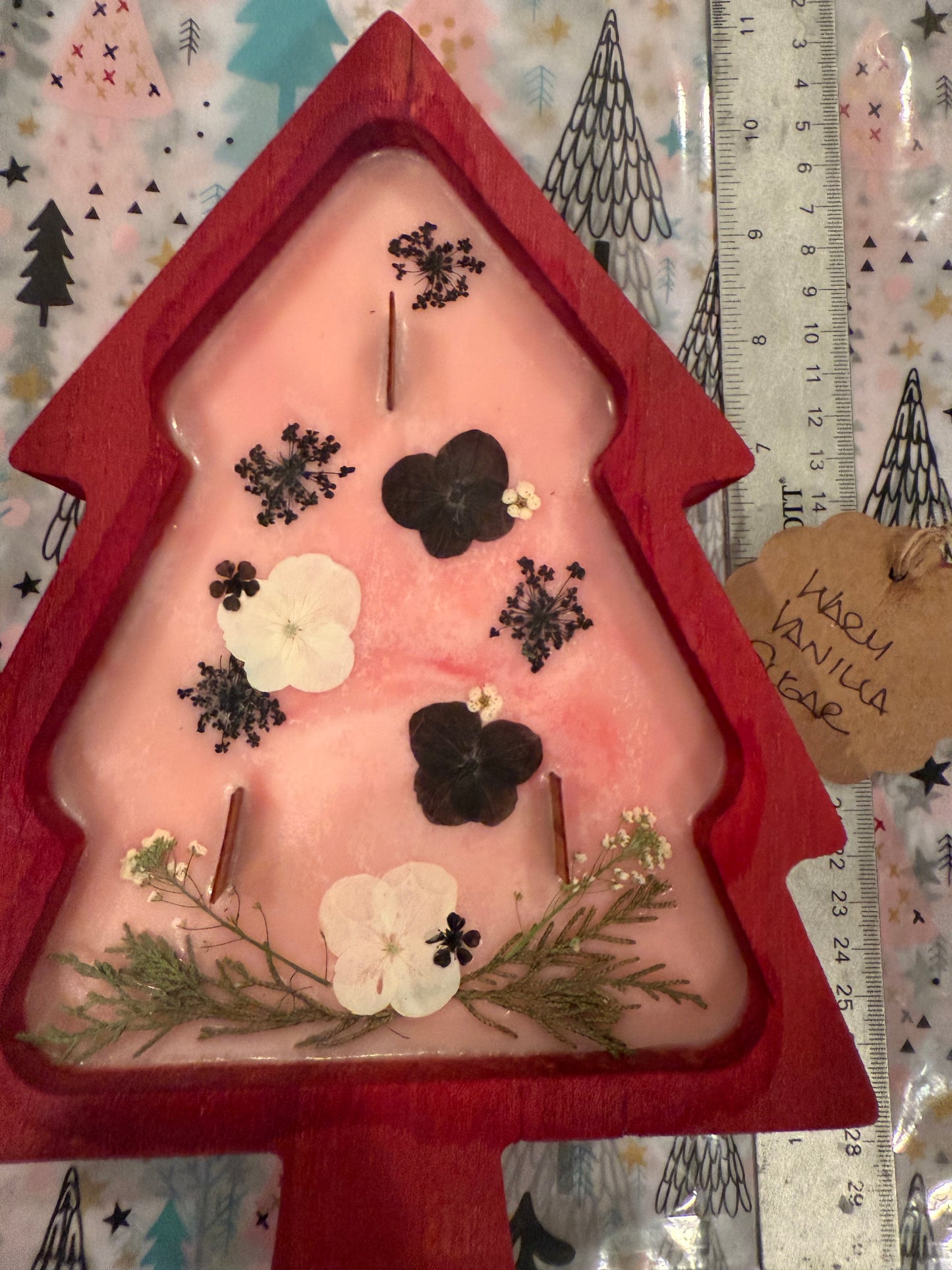 Warm Vanilla Sugar Red Christmas Tree Wood Bowl Candle