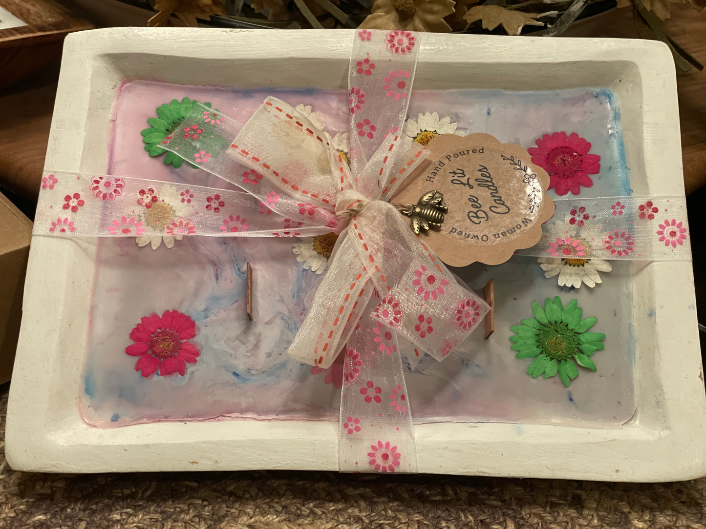 Hippie Chic White Rectangle Wood Bowl Candle (Pink, Green, and White Flowers)