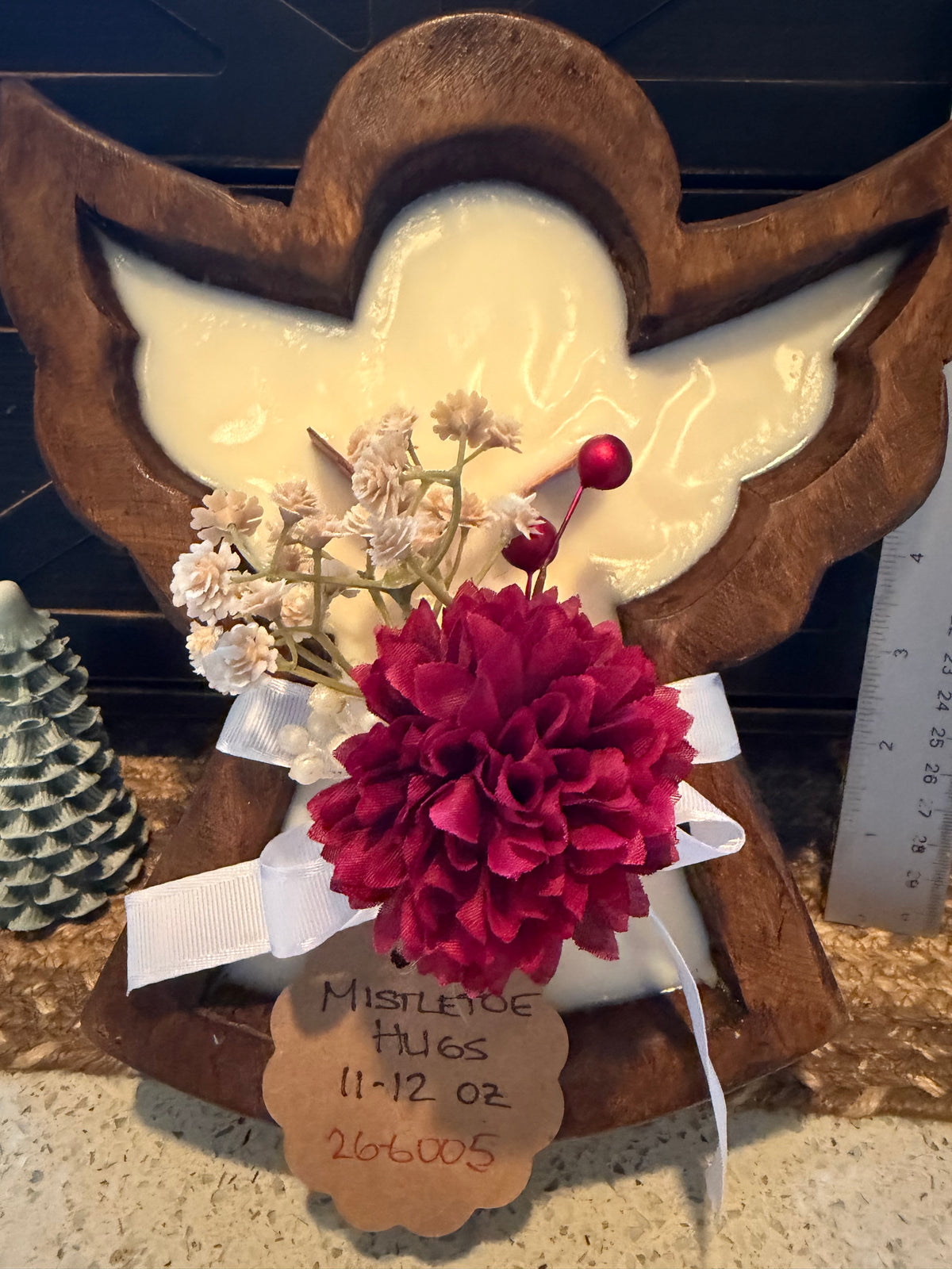 Mistletoe Hugs Angel Wood Bowl Candle 12oz
