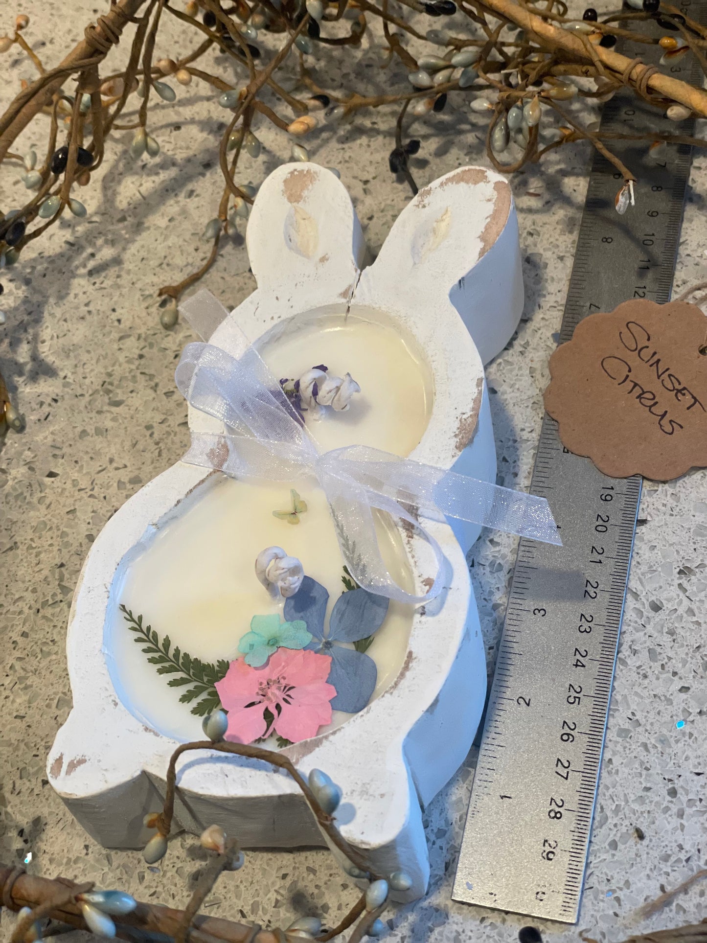Sunset Citrus Small Bunny Candle 7.5”(White Wood bowl)