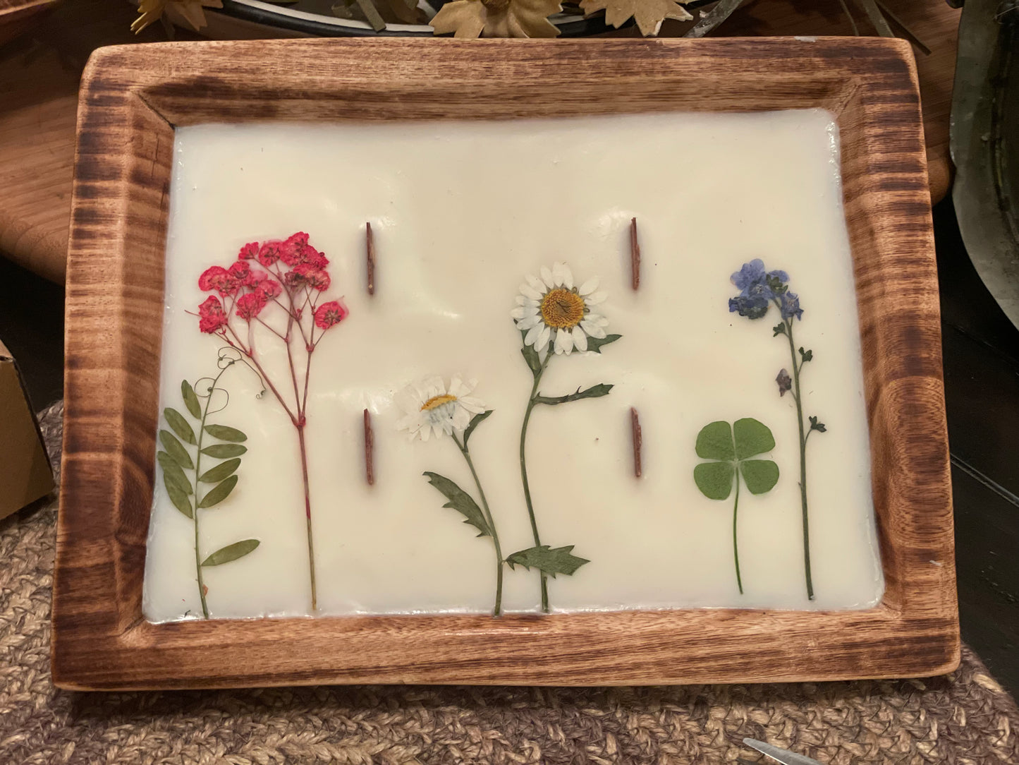 Gardenia Rectangle African Wood Bowl Candle (with clover)