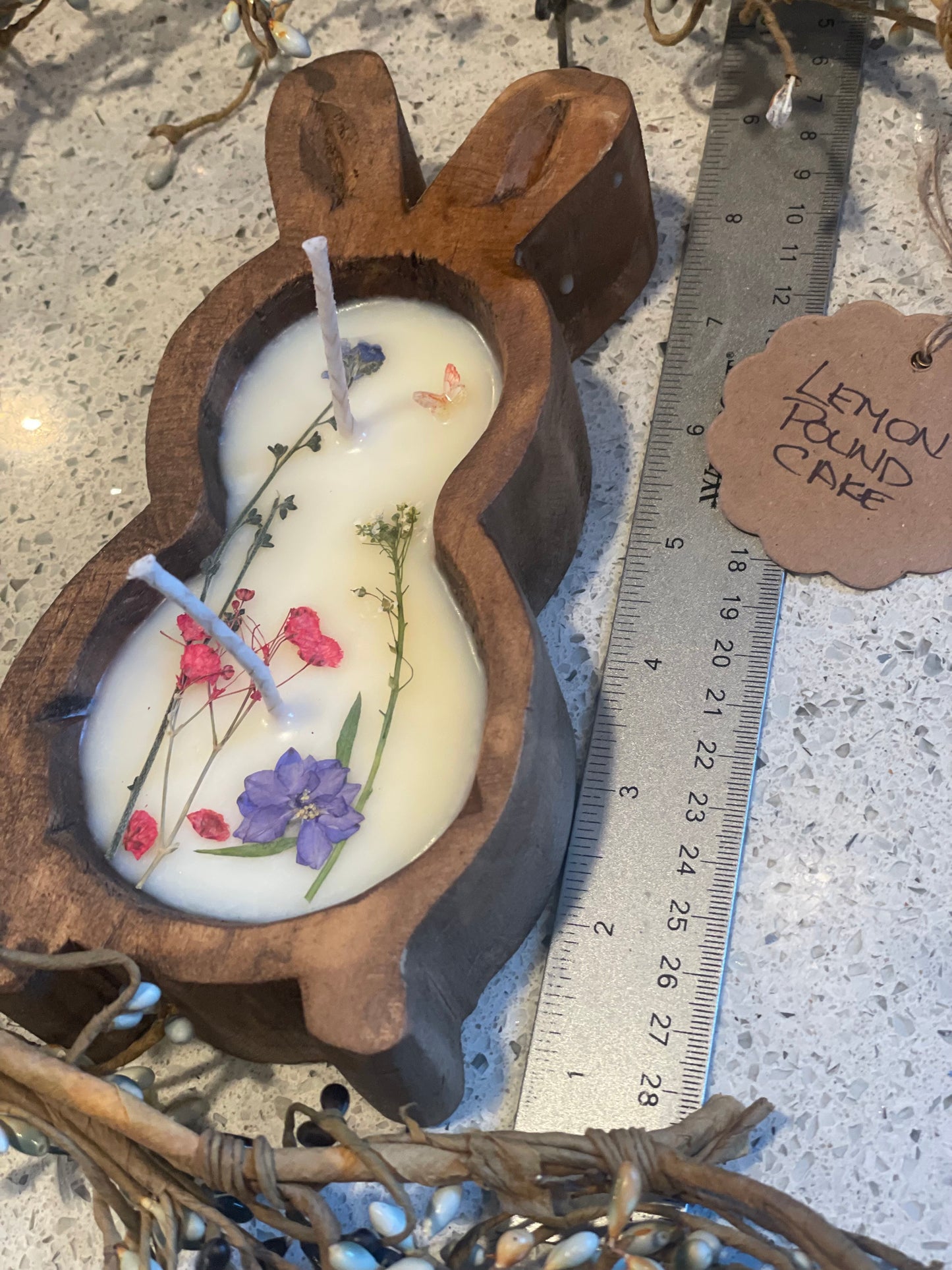 Lemon Pound Cake Small Wooden Bunny Candle 7.5” (Dried Flowers, Brown Wood Bowl)