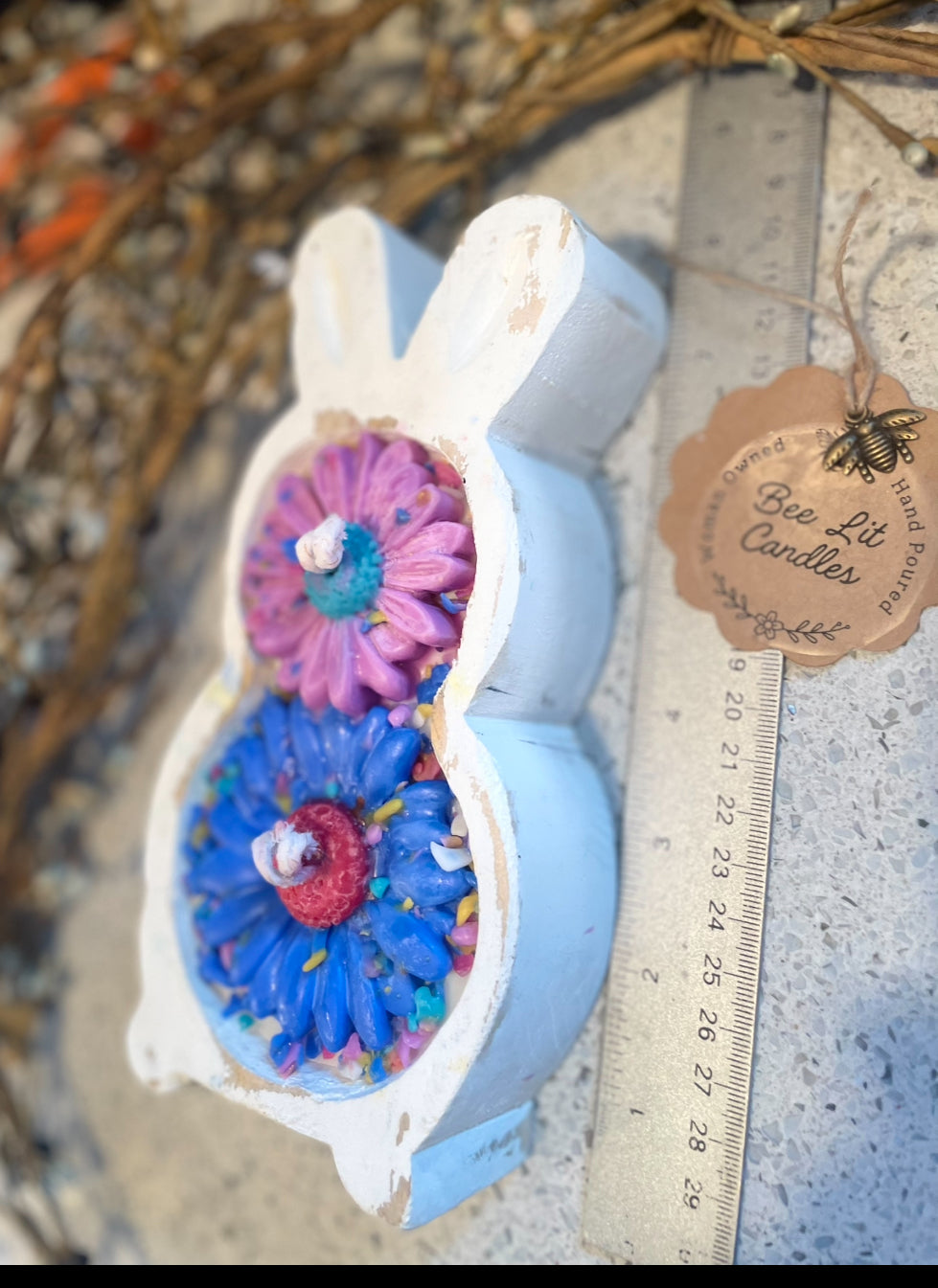 Hippie Chic Small Bunny 7.5” Candle (Large Blue Flower, Medium Purple Flower)