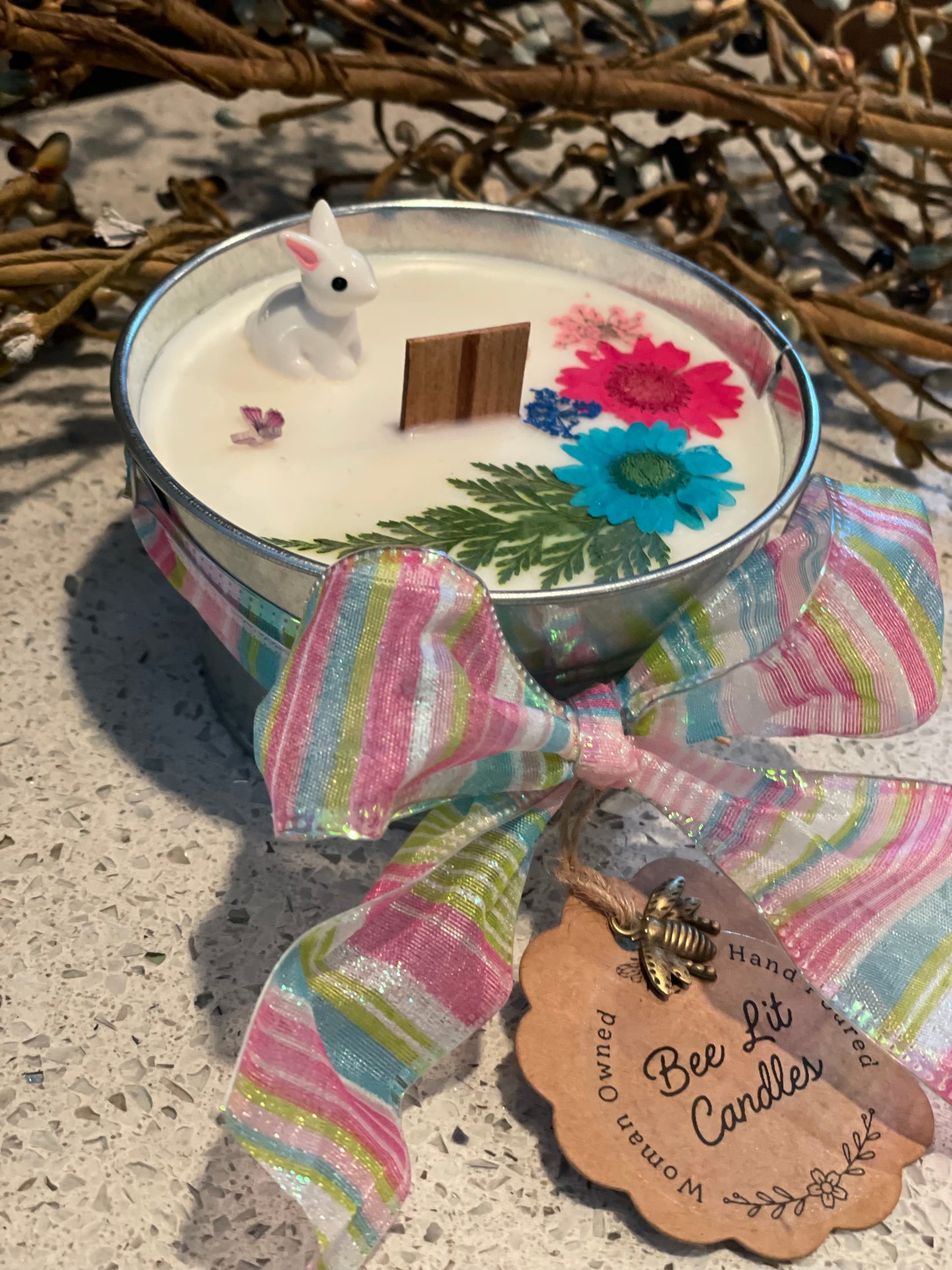 Jelly Bean Galvanized Pail Candle (Pink and Blue Flowers)
