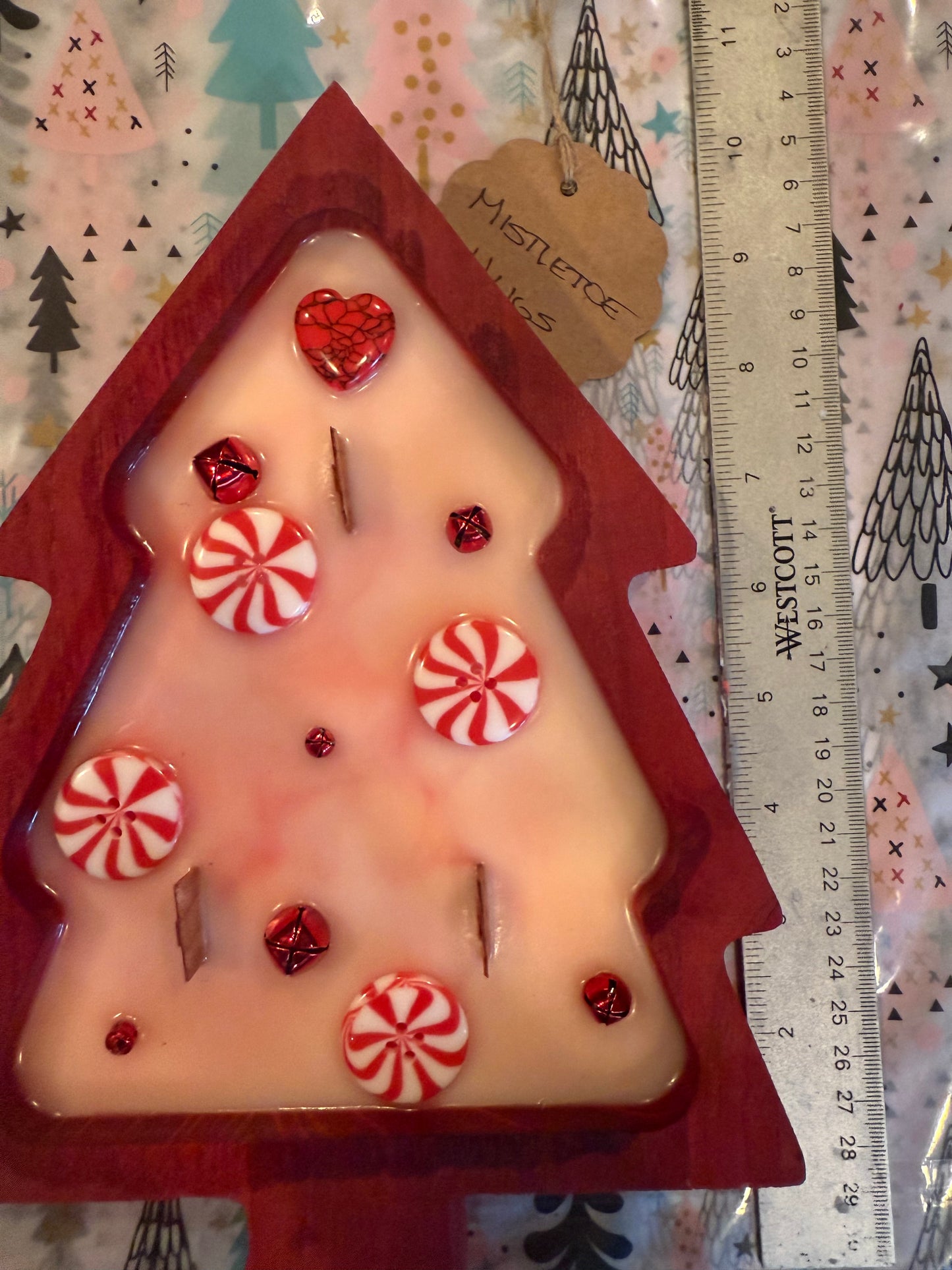 Mistletoe Hugs Red Christmas Tree Wood Bowl Candle