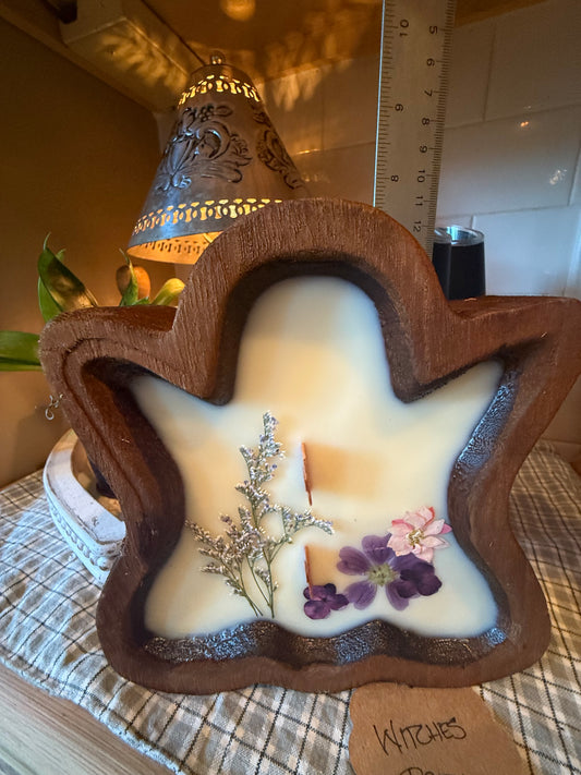 Witches Brew Ghost Wood Bowl Candle (small stemmed flowers+pink and purple)