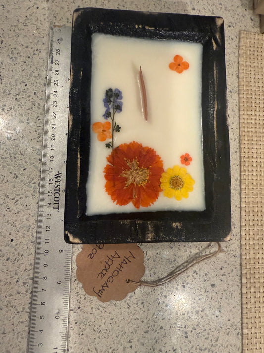 Mahogany Apple Black 9oz Rectangular Wood Bowl Candle (large orange flower with purple and yellow accent florals)