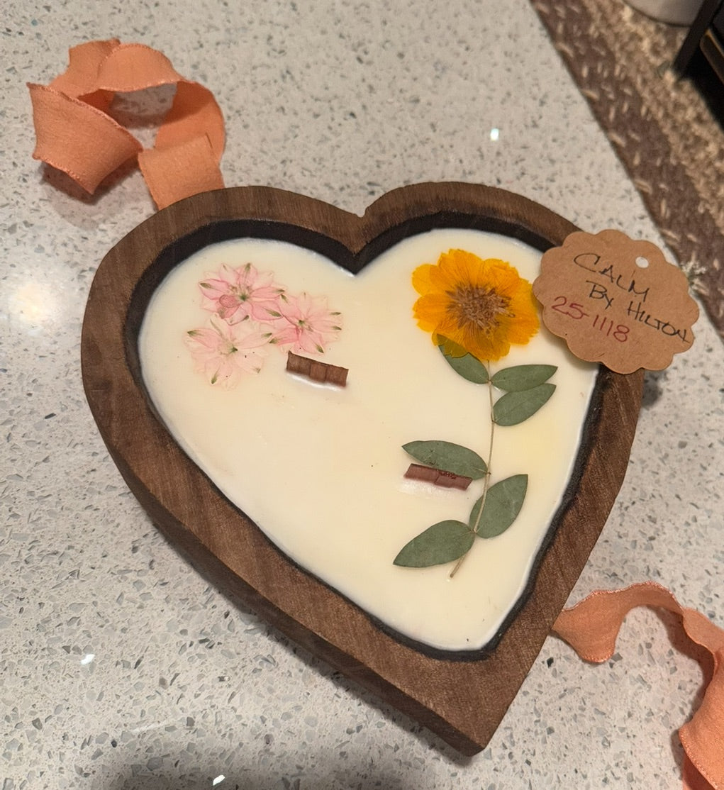 Calm By Hilton Heart Wood Bowl Candle