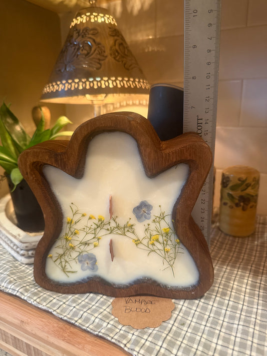 Vampire Blood Ghost Wood Bowl Candle (Blue and yellow florals)