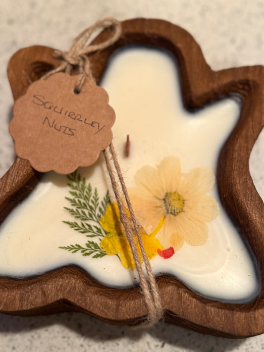 Squirrley Nuts Ghost Wood Bowl Candle (Yellow Florals)