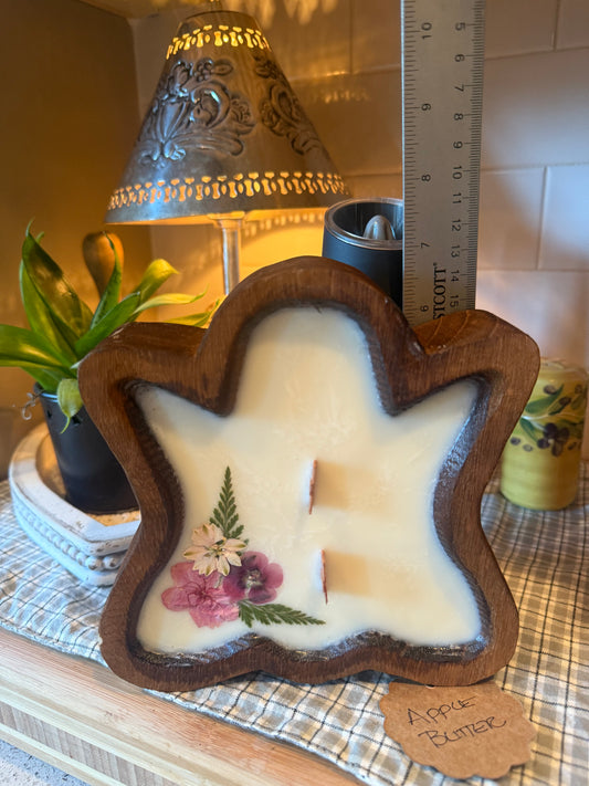 Apple Butter Ghost Wood Bowl Candle (pink and purple flowers with greenery)