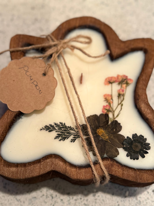 Pumpkin Ghost Wood Bowl Candle