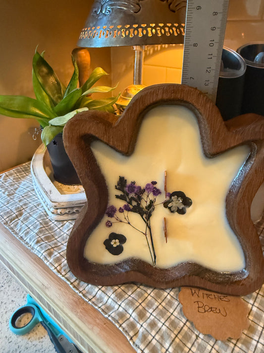 Witches Brew Ghost Wood Bowl Candle (purple and black mini bouquet)