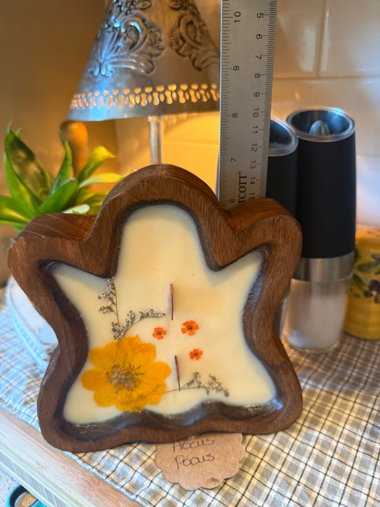 Hocus Pocus Ghost Wood Bowl Candle (big yellow flower with small orange and purple flowers)