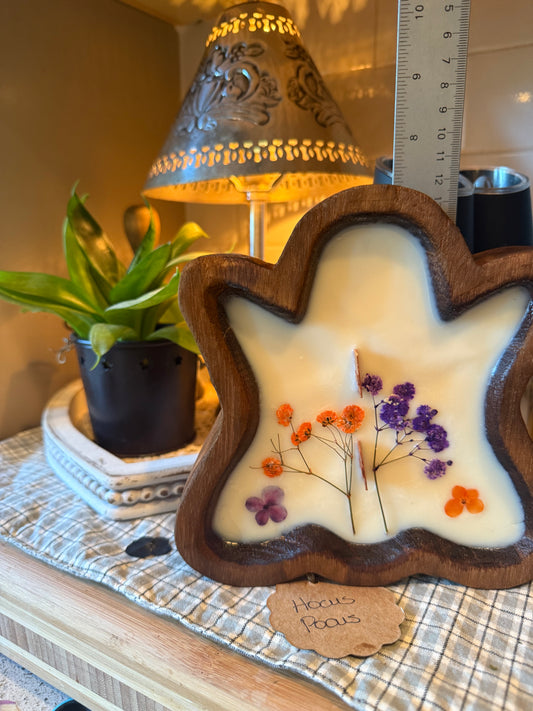 Hocus Pocus Ghost Wood Bowl Candle (purple and orange floral)