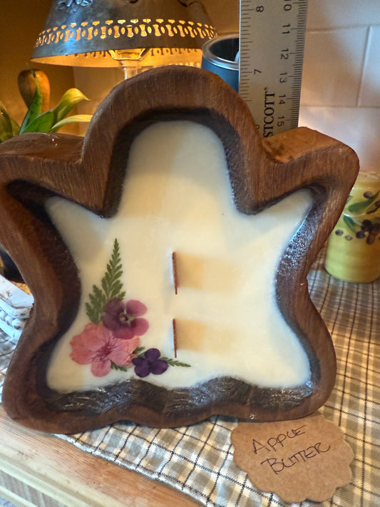 Apple Butter Ghost Wood Bowl Candle (pink and purple flowers larger greenery)