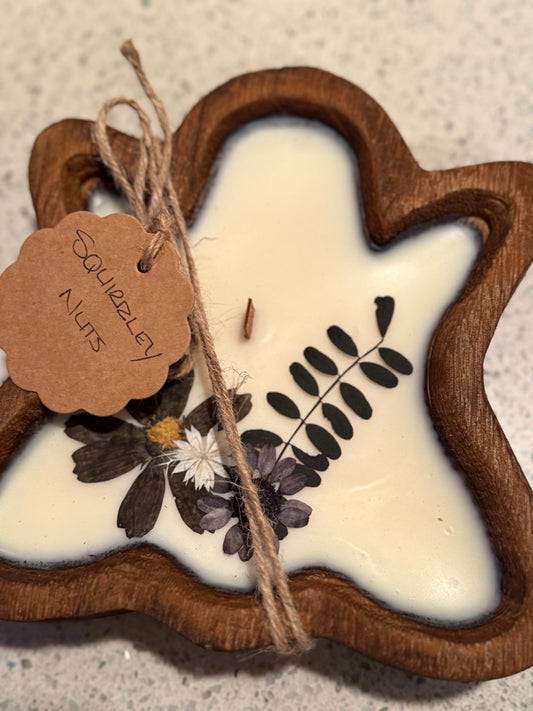 Squirrley Nuts Ghost Wood Bowl Candle (black, grey, and white florals)