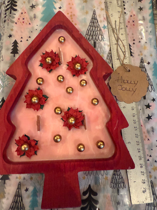 25-25-1046 Holly Jolly Red Christmas Tree Wood Bowl Candle
