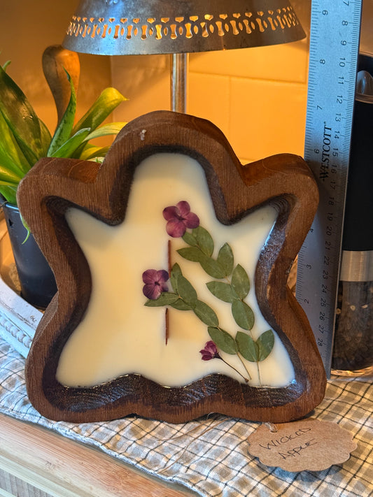 Wicked Apple Ghost Wood Bowl Candle(purple floral with leafy stems)