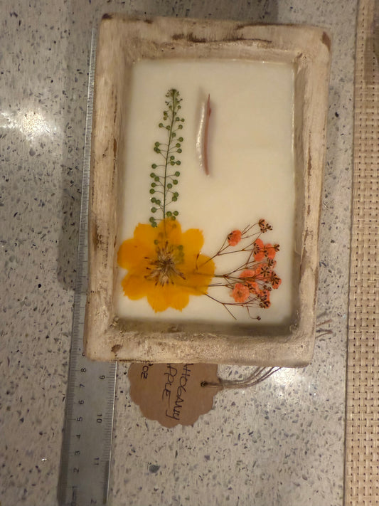 Mahogany Apple Whitewashed 9oz Rectangular Wood Bowl Candle (large yellow floral with long greenery)