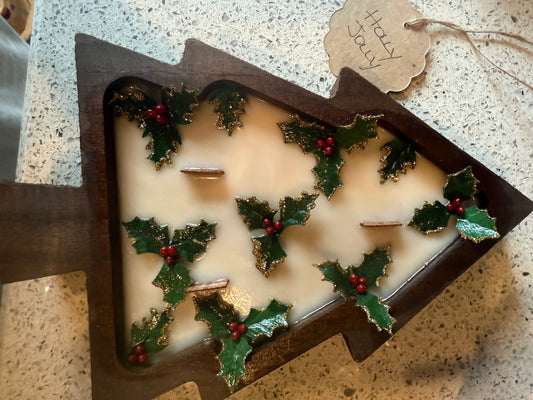 Holly Jolly Tree Wood Bowl Candle