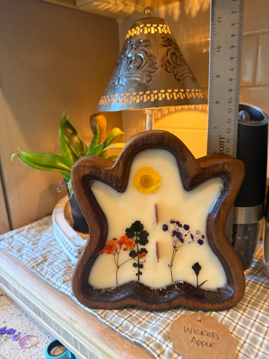 Wicked Apple Ghost Wood Bowl Candle (multicolored florals)