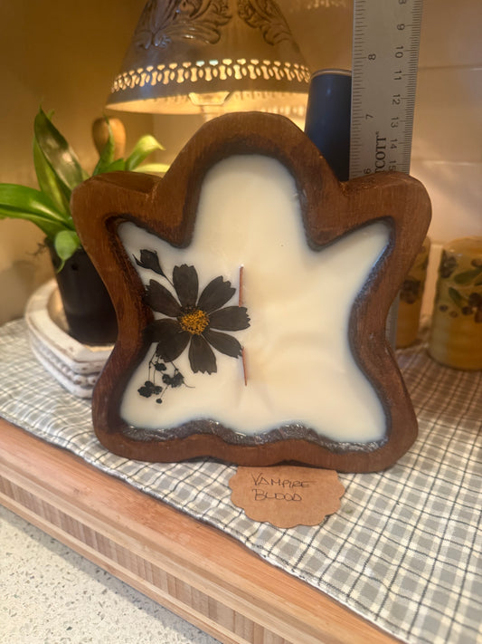 Vampire Blood Ghost Wood Bowl Candle (large black flower)
