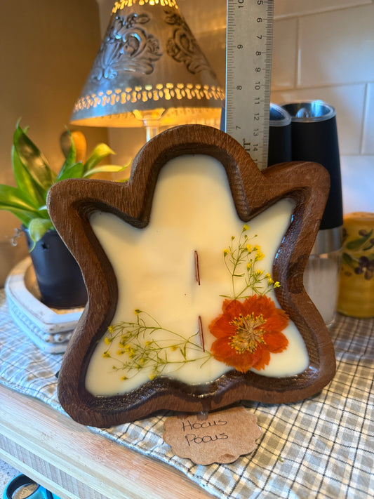 Hocus Pocus Ghost Wood Bowl Candle (big orange flower small yellow flowers)