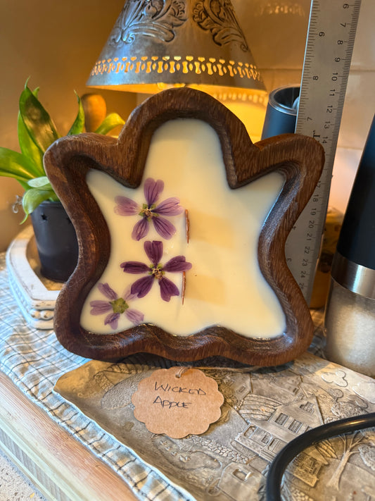 Wicked Apple Ghost Wood Bowl Candle (Three purple flowers)