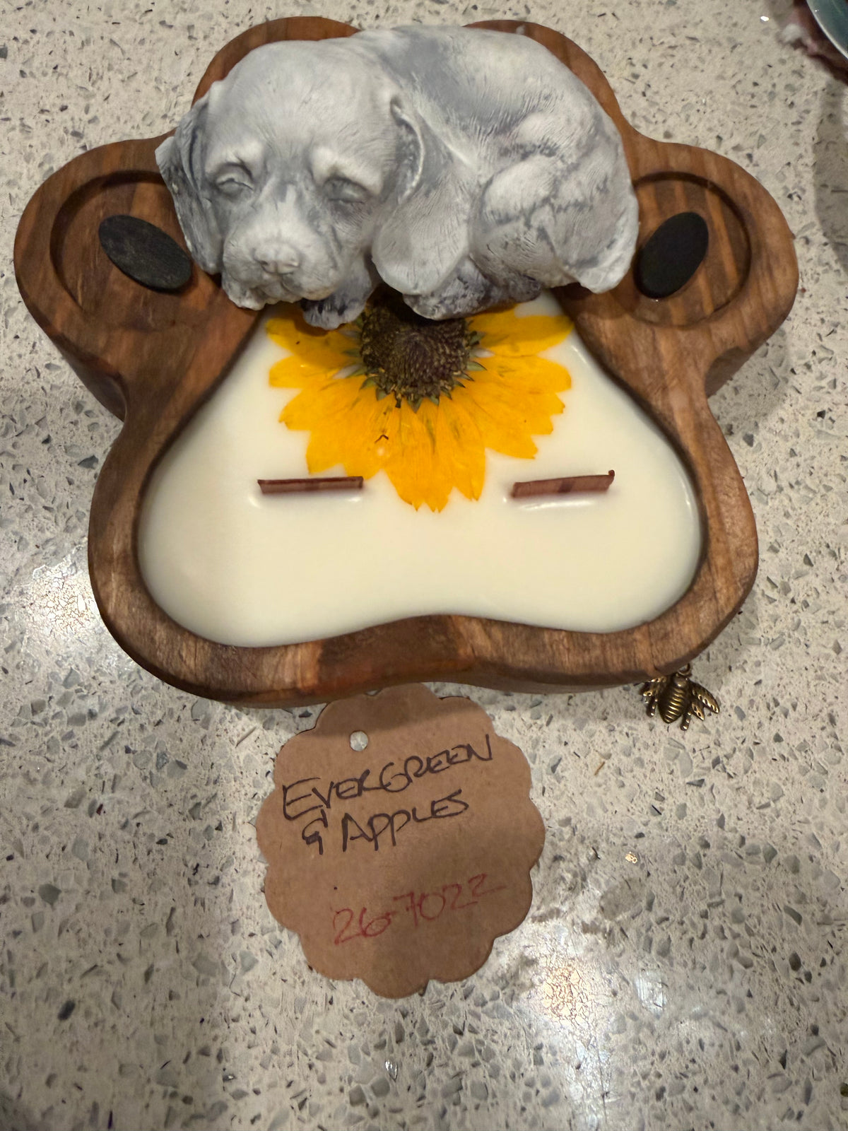 Evergreen & Apples Paw Print Wood Bowl Candle