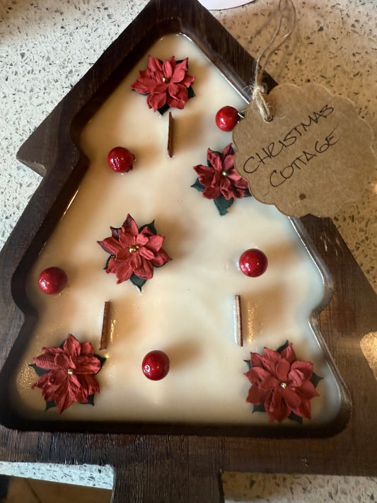 Christmas Cottage Tree Wood Bowl Candle