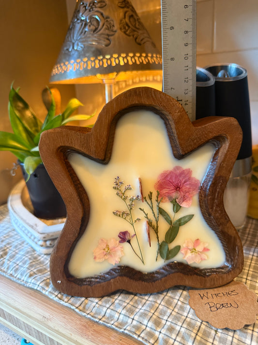 Witches Brew Ghost Wood Bowl Candle (pink and purple flowers)